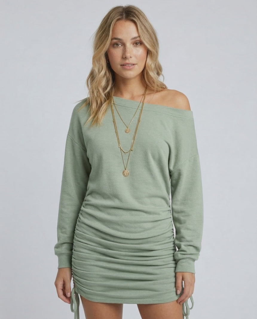 Celeste Mini Dress by Lauven in calming sage green with gathered drawstring detail.