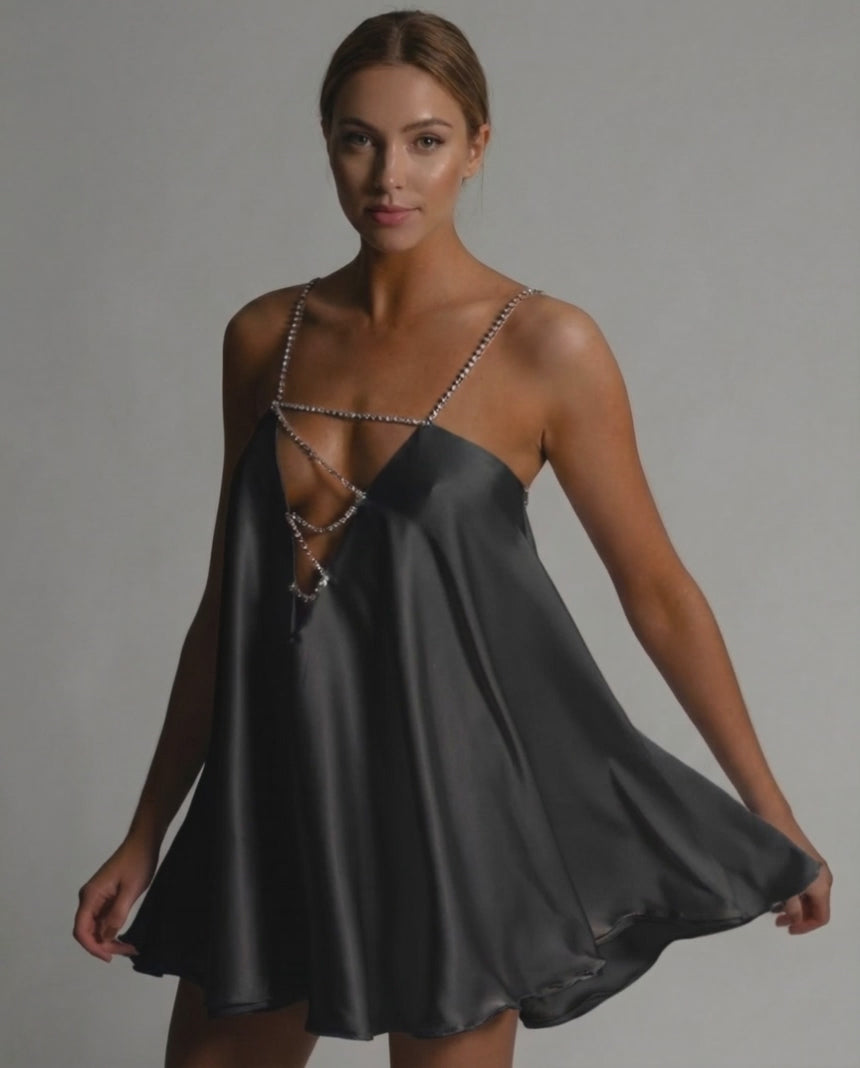 Noir Mini Dress by Lauven, elegant A-line satin dress with flared skirt and beaded spaghetti straps.