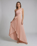 Aureline Maxi Dress by Lauven — pleated satin one shoulder A-line maxi dress with ruffle slit