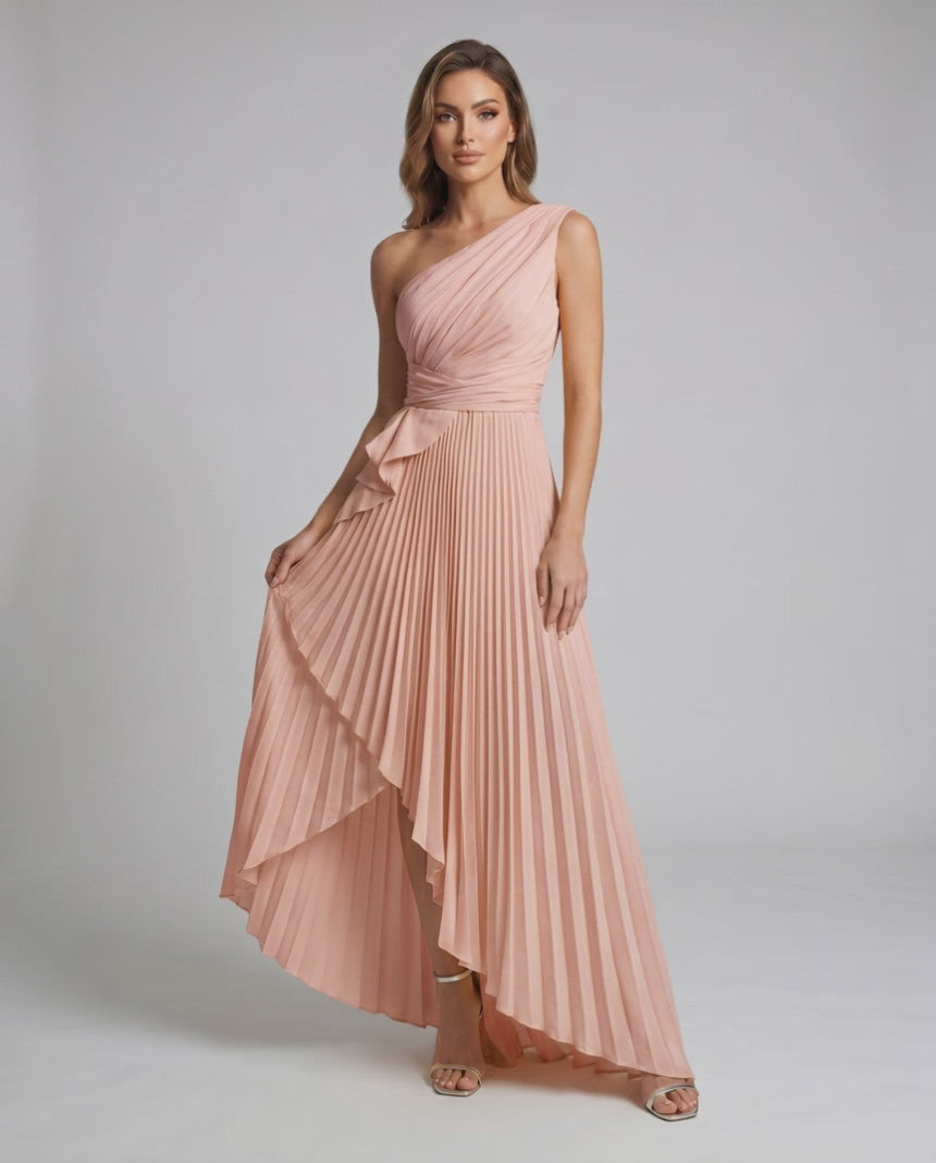 Aureline Maxi Dress by Lauven — pleated satin one shoulder A-line maxi dress with ruffle slit