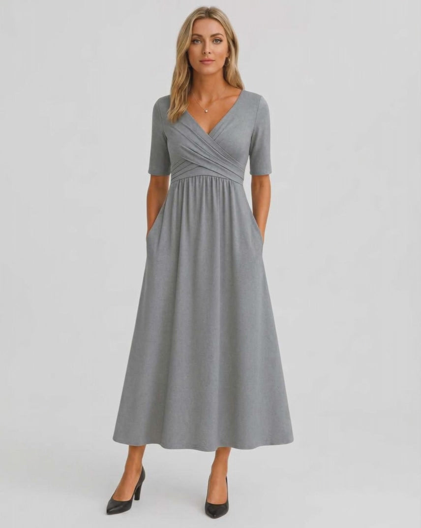 Velmira Midi Dress by Lauven — soft stretch short sleeve V-neck A-line midi dress