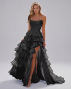 Celestia Maxi Dress by Lauven — organza strapless corset tiered maxi dress