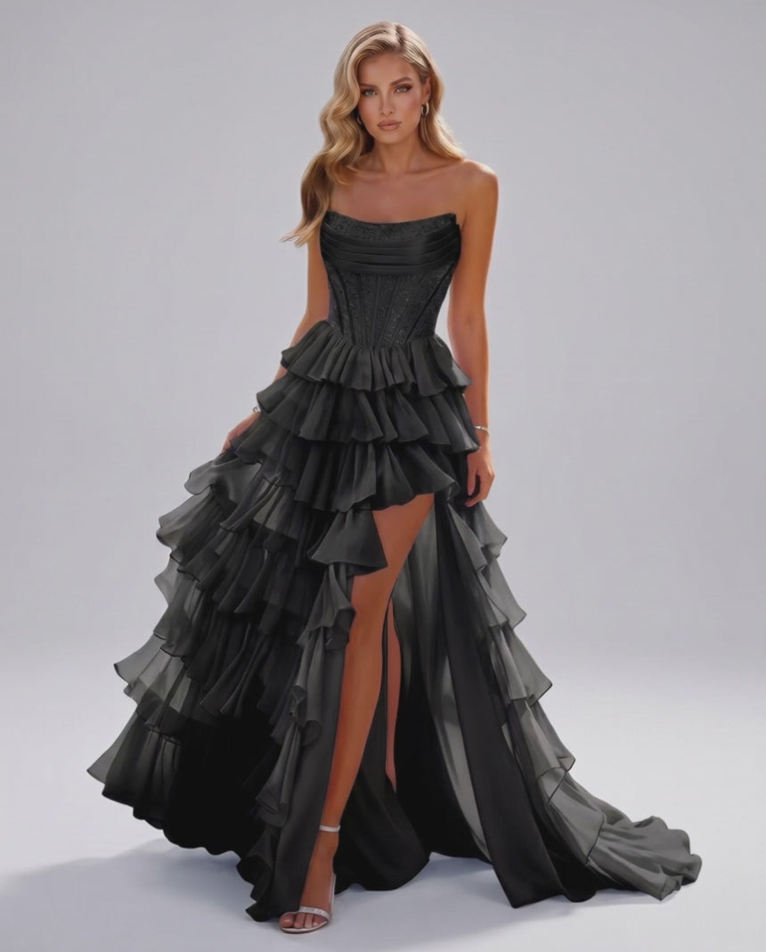 Celestia Maxi Dress by Lauven — organza strapless corset tiered maxi dress