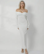 Celeste Maxi Dress by Lauven - Elegant off-shoulder sheath design in solid white, perfect for special occasions.
