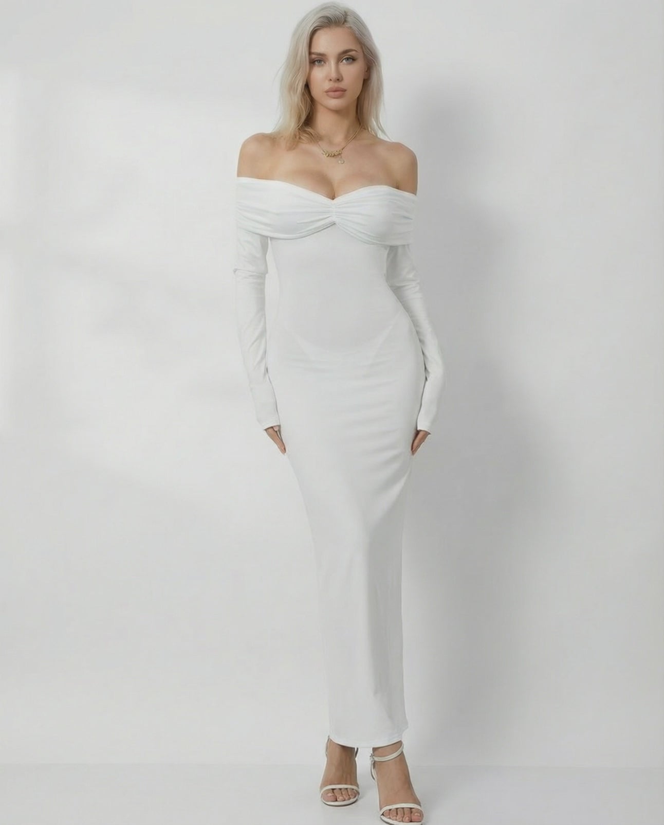 Celeste Maxi Dress by Lauven - Elegant off-shoulder sheath design in solid white, perfect for special occasions.
