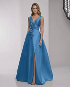 Zafloria Maxi Dress in blue satin, A-line silhouette, V-neck, elegant and polished, by Lauven.