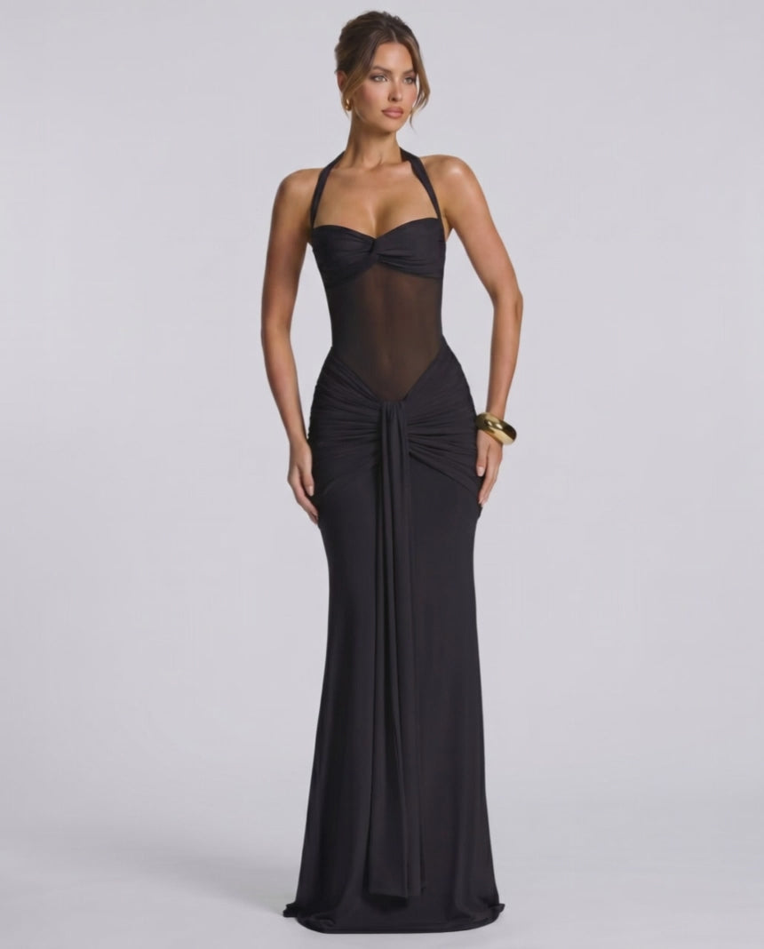 Solvane Maxi Dress by Lauven — stretch mesh sleeveless halter neck slim fit maxi dress