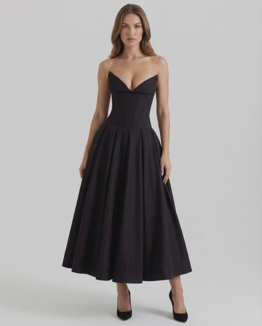 Cleo Midi Dress by Lauven, elegant strapless black A-line ankle-length dress for modern sophistication.