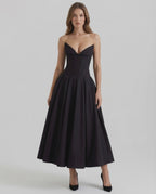 Cleo Midi Dress by Lauven, elegant strapless black A-line ankle-length dress for modern sophistication.