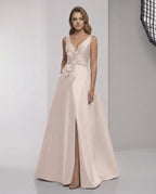 Valencia Maxi Dress - Pink satin A-line maxi dress with wrap slit, bow waist, elegant style by Lauven.