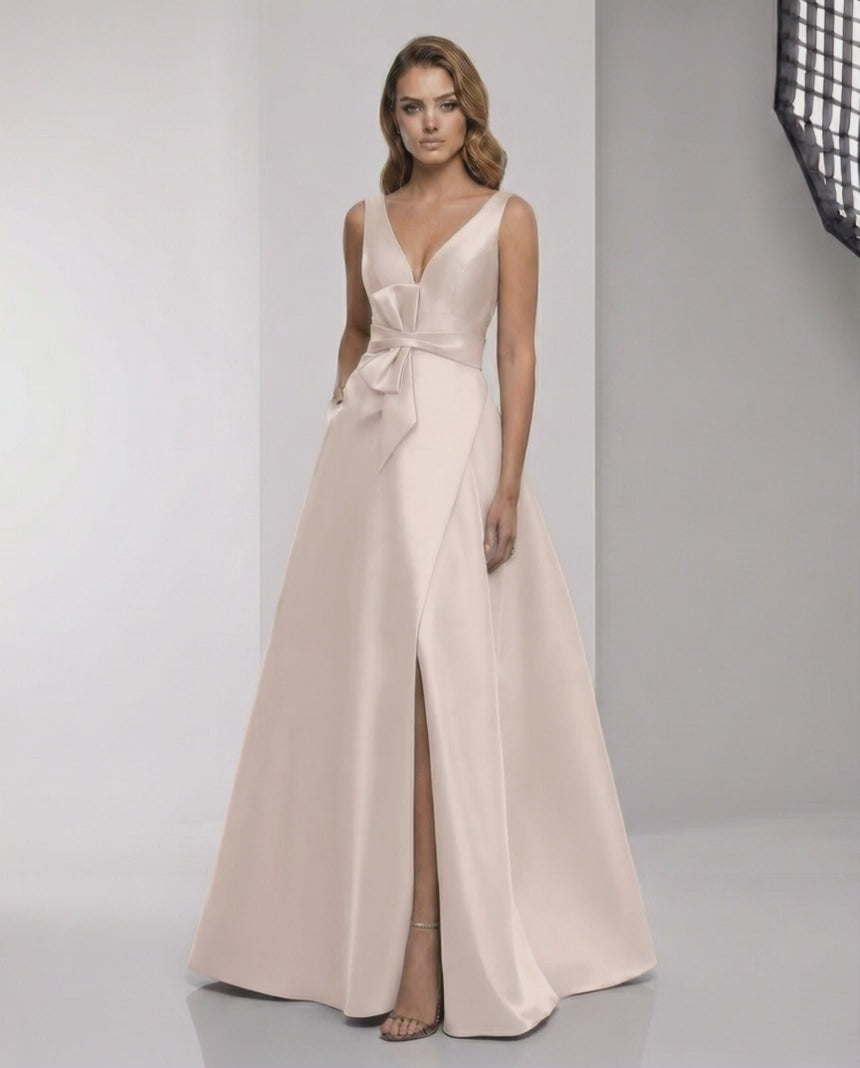 Valencia Maxi Dress - Pink satin A-line maxi dress with wrap slit, bow waist, elegant style by Lauven.