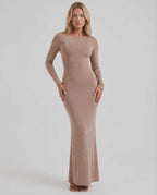 Selene Maxi Dress by Lauven, sleek ankle-length pencil dress with backless detail and elegant silhouette.