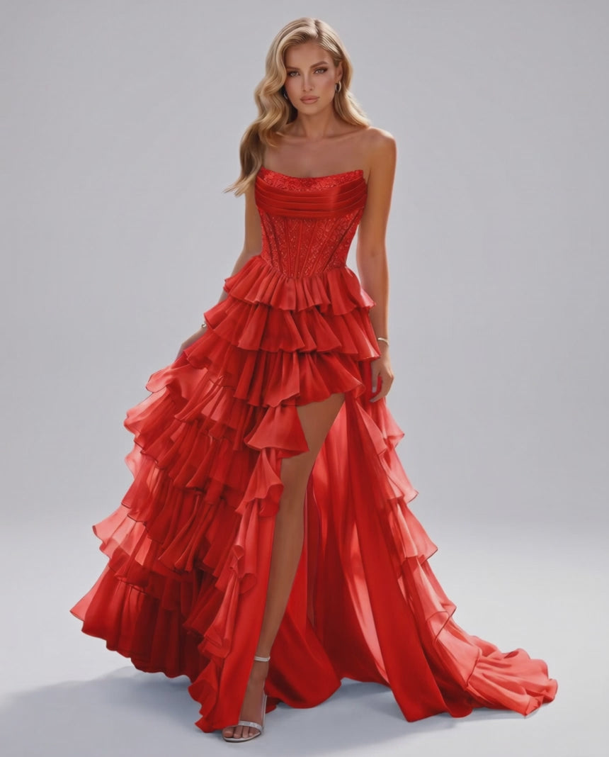 Celestia Maxi Dress by Lauven — organza strapless corset tiered maxi dress