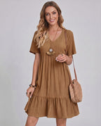 Solenne Mini Dress by Lauven — textured short sleeve V-neck A-line mini dress