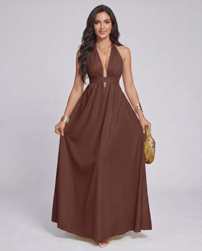 Solara Maxi Dress by Lauven — chiffon sleeveless halter V-neck A-line maxi dress