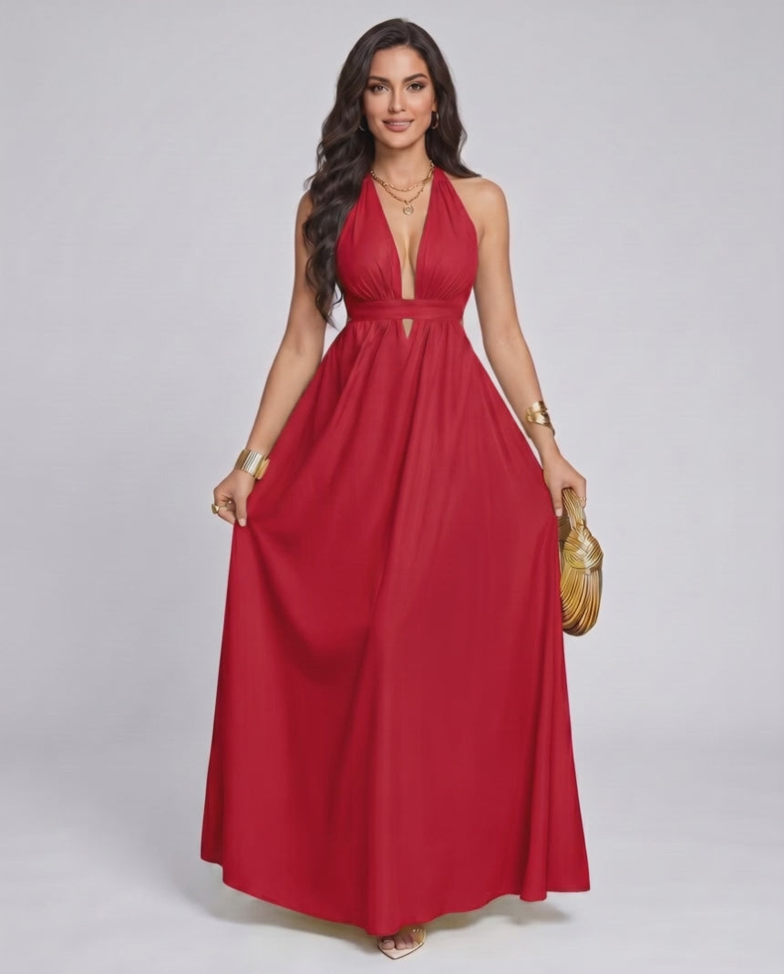 Solara Maxi Dress by Lauven — chiffon sleeveless halter V-neck A-line maxi dress