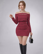 Aveline Mini Dress in textured knit, off-shoulder style, bodycon silhouette by Lauven, perfect for a polished look.