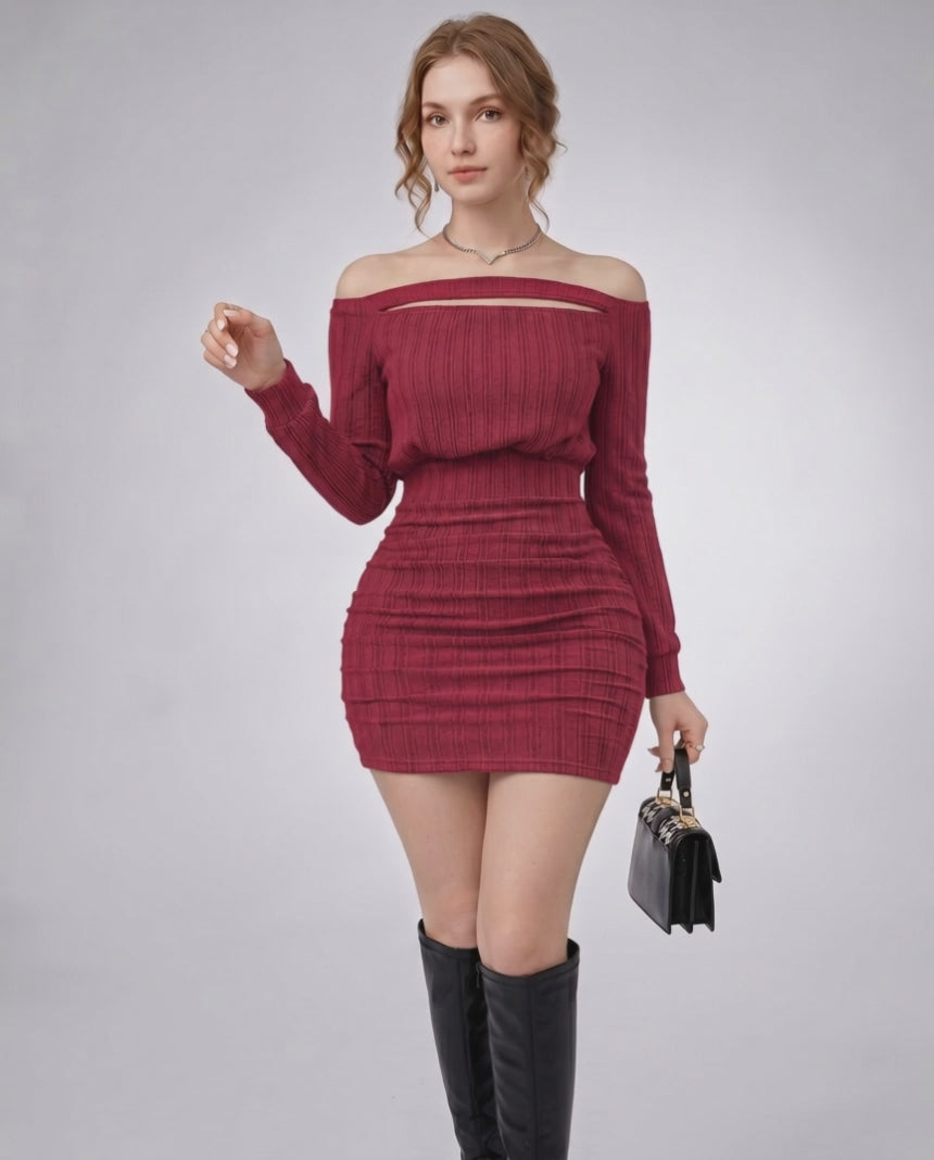 Aveline Mini Dress in textured knit, off-shoulder style, bodycon silhouette by Lauven, perfect for a polished look.