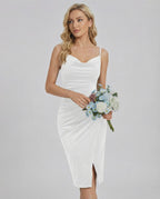 Elara Mini Dress in white with cowl neck, sheath silhouette, and elegant slit, perfect for modern minimalism by Lauven.