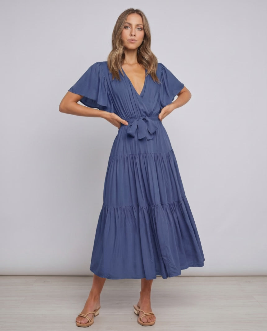 Solenne Midi Dress by Lauven — chiffon butterfly sleeve V-neck tiered midi dress