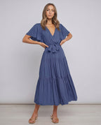 Solenne Midi Dress by Lauven — chiffon butterfly sleeve V-neck tiered midi dress