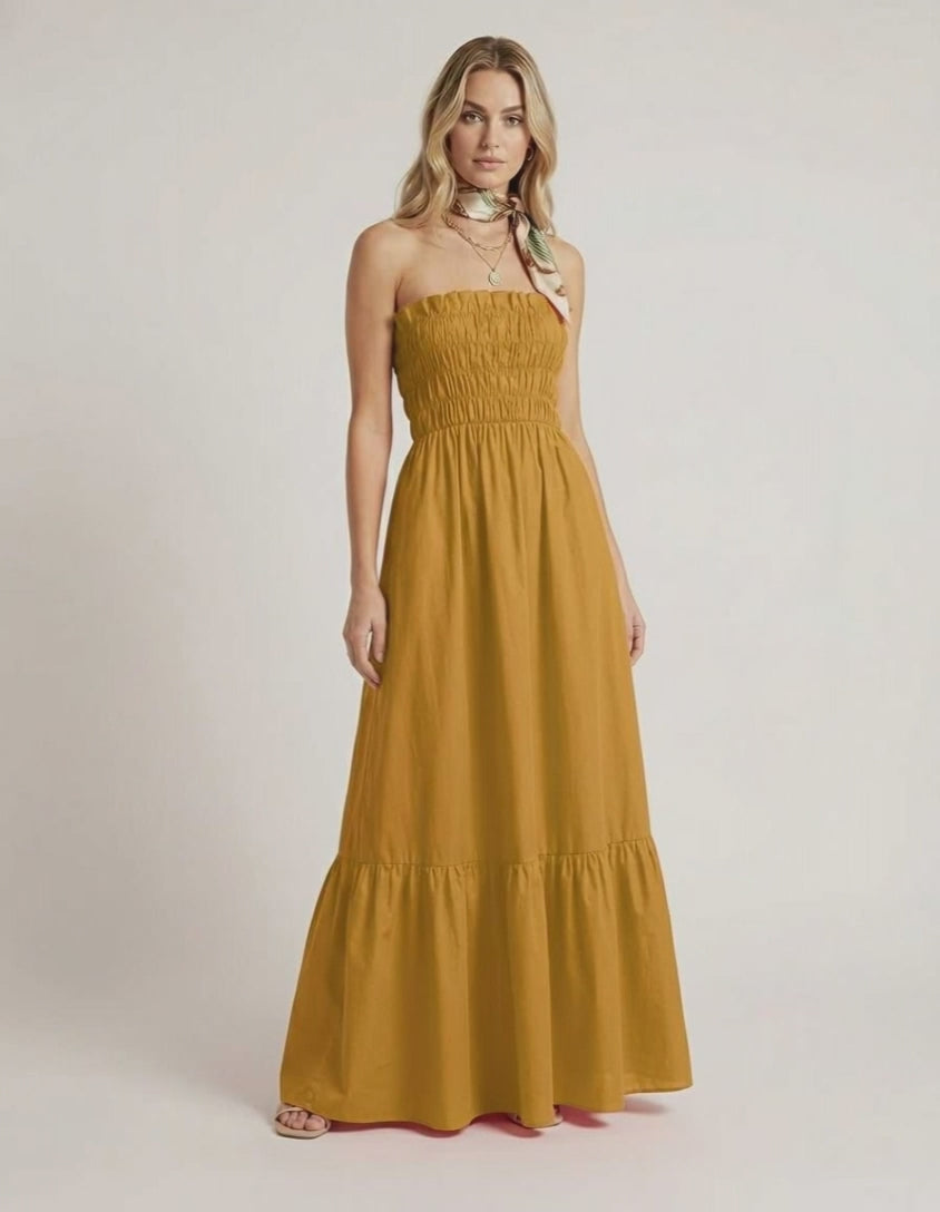 Valora Maxi Dress - Mustard yellow strapless maxi dress with smocked bodice by Lauven, perfect for summer. 
