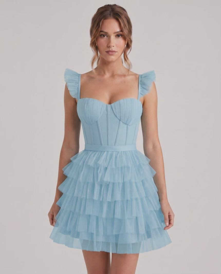 Celestia Mini Dress by Lauven — layered tulle sweetheart A-line mini dress with spaghetti straps