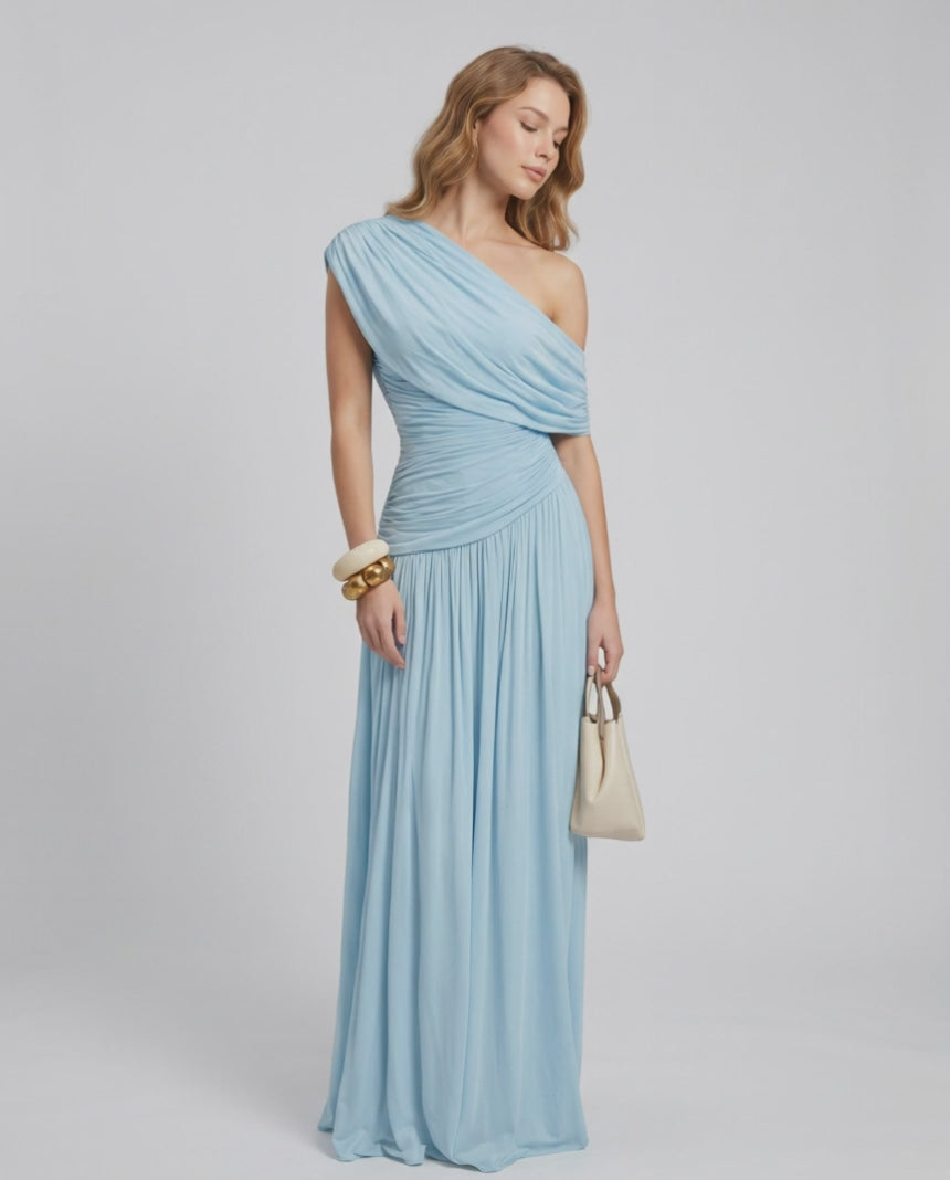 Veloura Maxi Dress by Lauven — stretch jersey sleeveless one-shoulder draped maxi dress