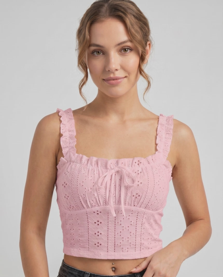 Elowen Top by Lauven — women’s eyelet embroidery crop top with ruffle straps and bow front sleeveless summer cami