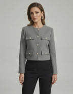 Vesper Jacket by Lauven, sophisticated grey wool blend jacket with gold button accents.
