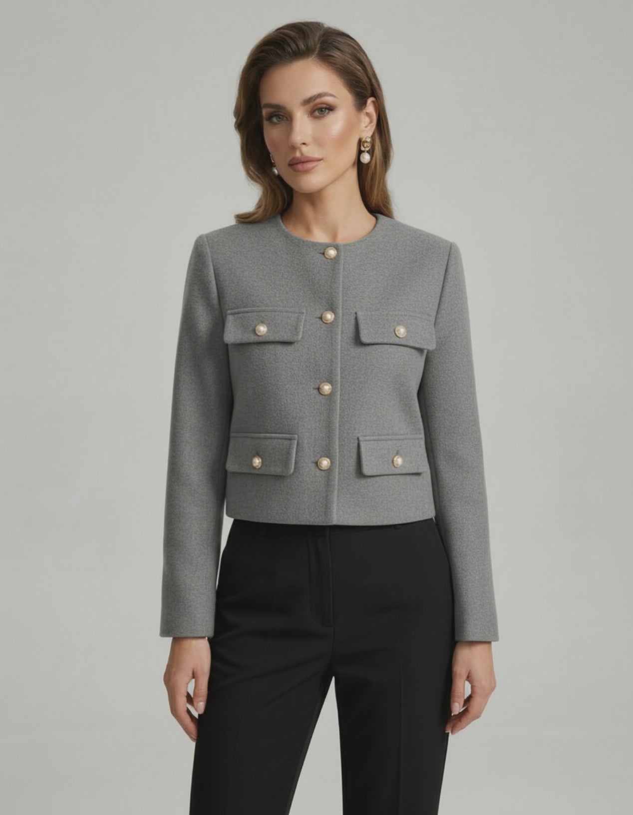 Vesper Jacket by Lauven, sophisticated grey wool blend jacket with gold button accents.