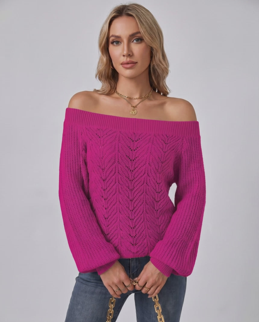 Veloura Sweater by Lauven — women’s off shoulder knit sweater with lantern sleeves and hollow knit texture