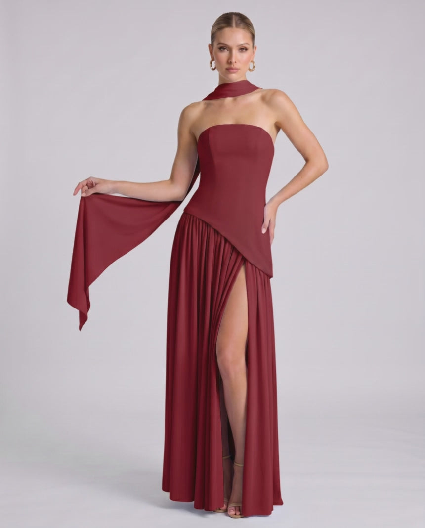 Aureline Maxi Dress by Lauven — chiffon strapless halter pleated maxi dress with slit