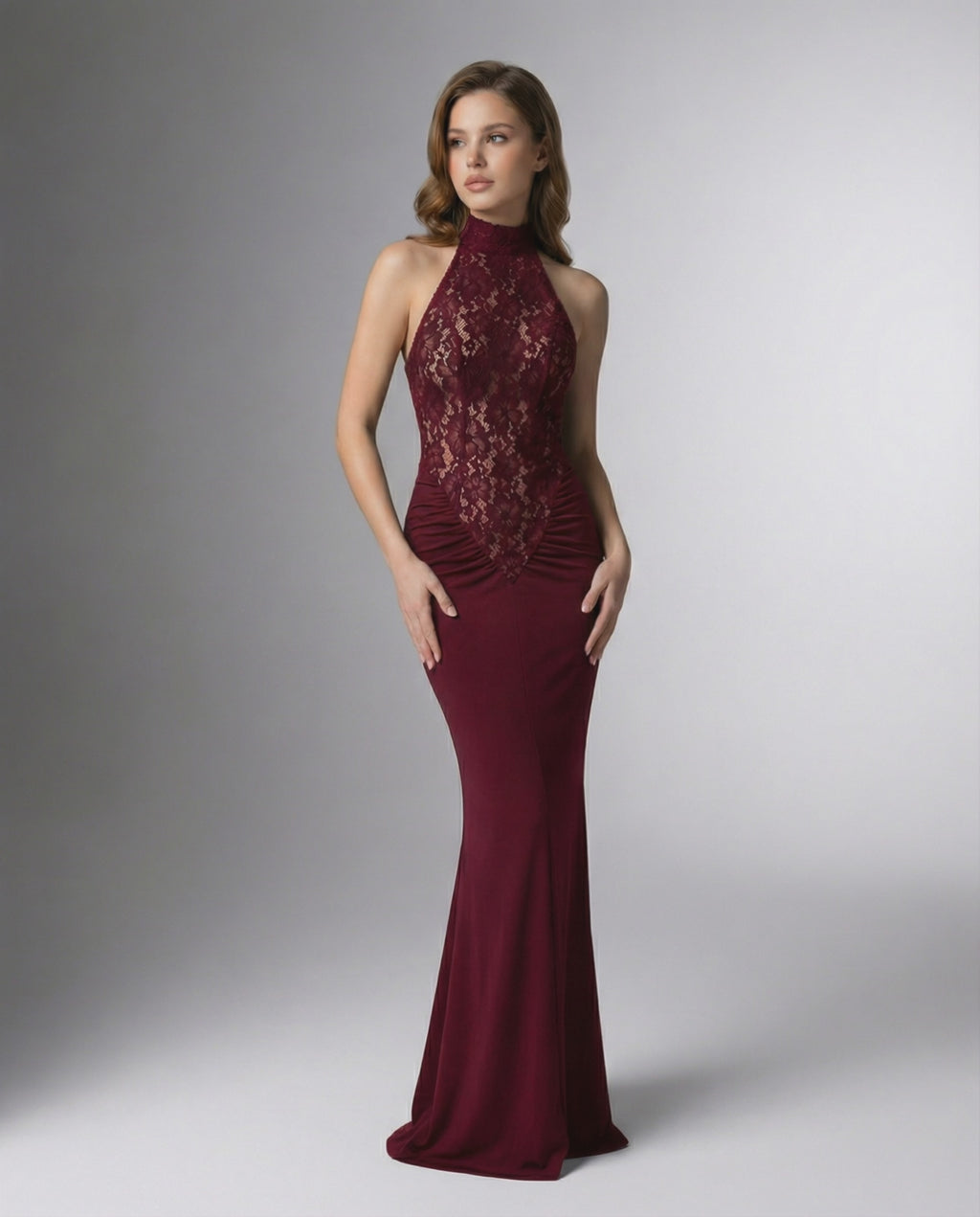 Bordeaux Maxi Dress by Lauven - Burgundy halter neck dress with lace bodice and sculpted silhouette.