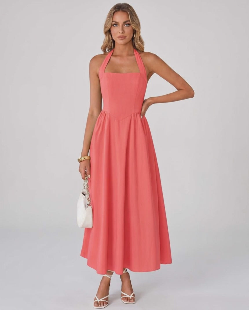 Veloura Midi Dress by Lauven — satin blend sleeveless square neck A-line midi dress