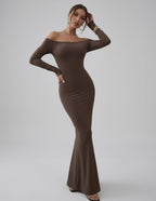 Celeste Maxi Dress by Lauven, elegant off-shoulder fishtail silhouette in rich chocolate brown.