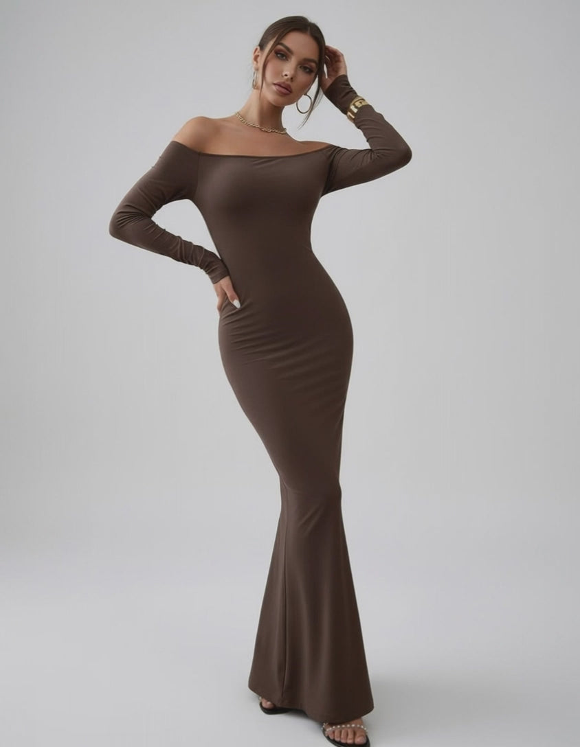 Celeste Maxi Dress by Lauven, elegant off-shoulder fishtail silhouette in rich chocolate brown.