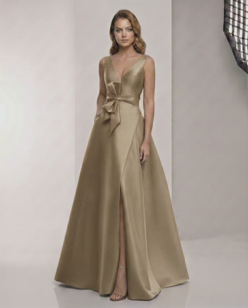 Sienna Maxi Dress - Elegant satin A-Line brown dress with V-neck, bow detailing, perfect for formal occasions.