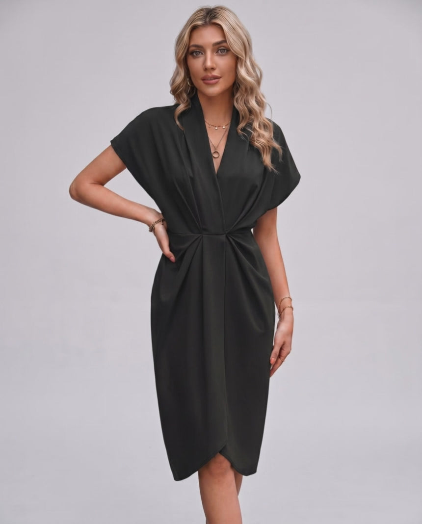 Veloura Midi Dress by Lauven — satin cap sleeve V-neck draped midi dress