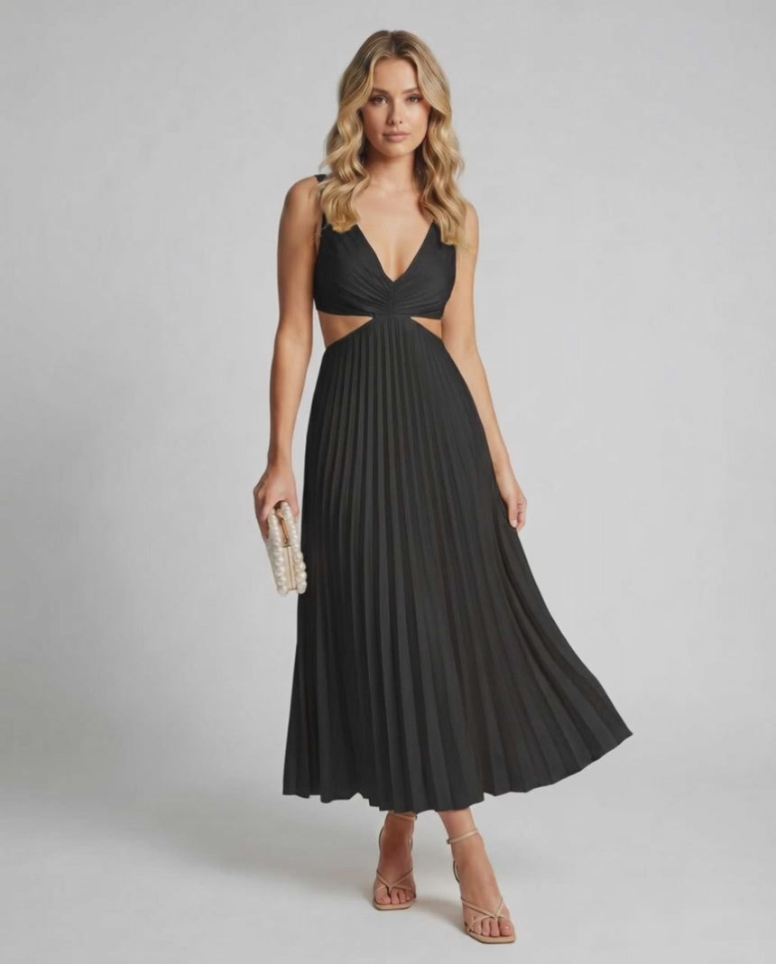 Lunara Midi Dress by Lauven — satin sleeveless V-neck flowing pleated midi dress