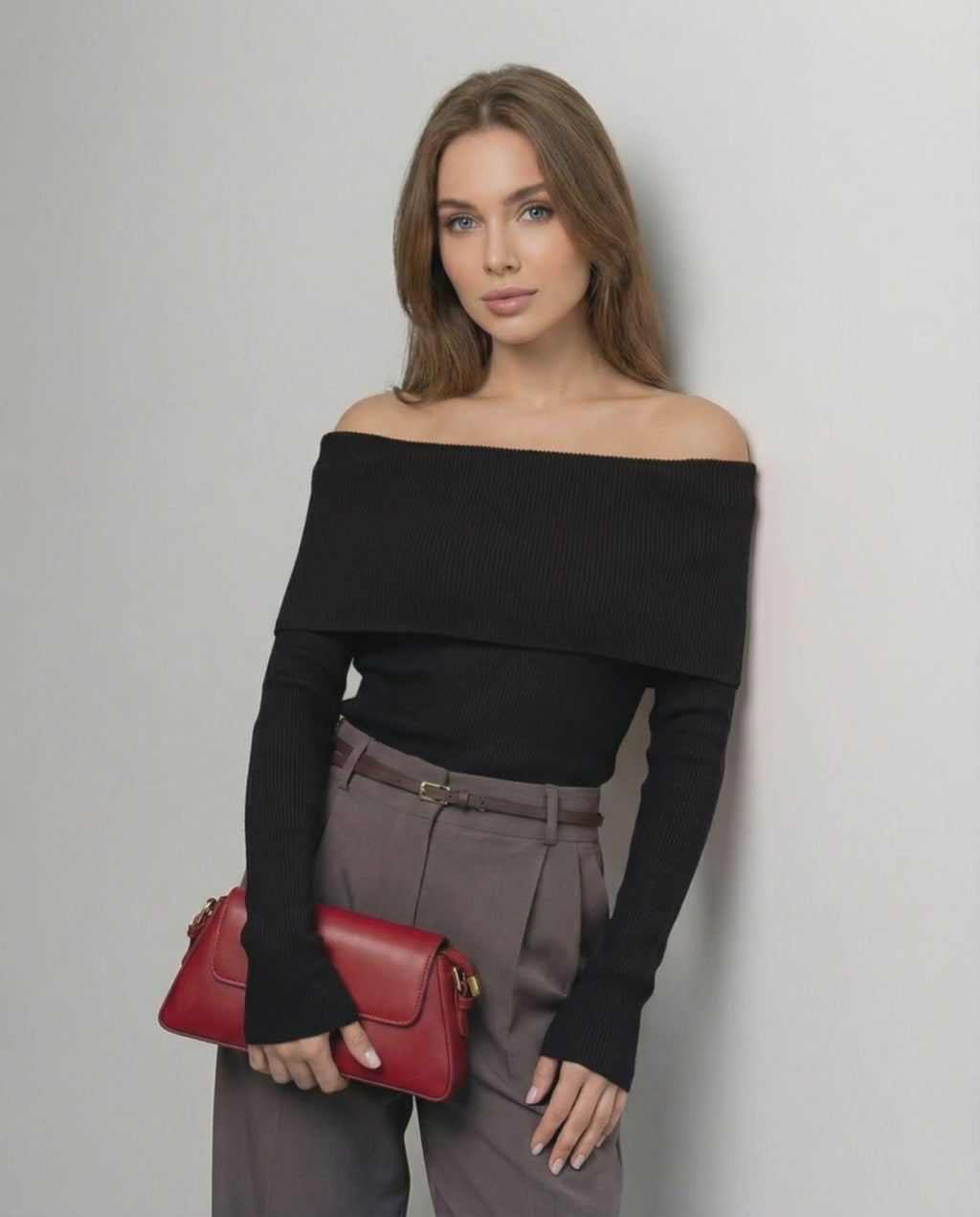 Monaco Top by Lauven – Women’s Off-The-Shoulder Long Sleeve Top in Solid Black, showcasing modern elegance.