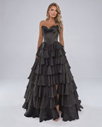 Seraphine Maxi Dress by Lauven — satin chiffon sleeveless sweetheart tiered A-line maxi dress