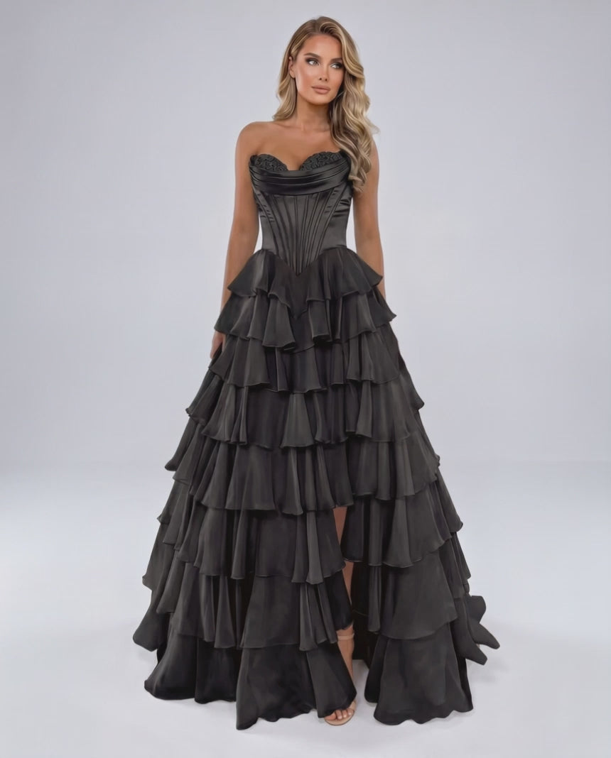 Seraphine Maxi Dress by Lauven — satin chiffon sleeveless sweetheart tiered A-line maxi dress