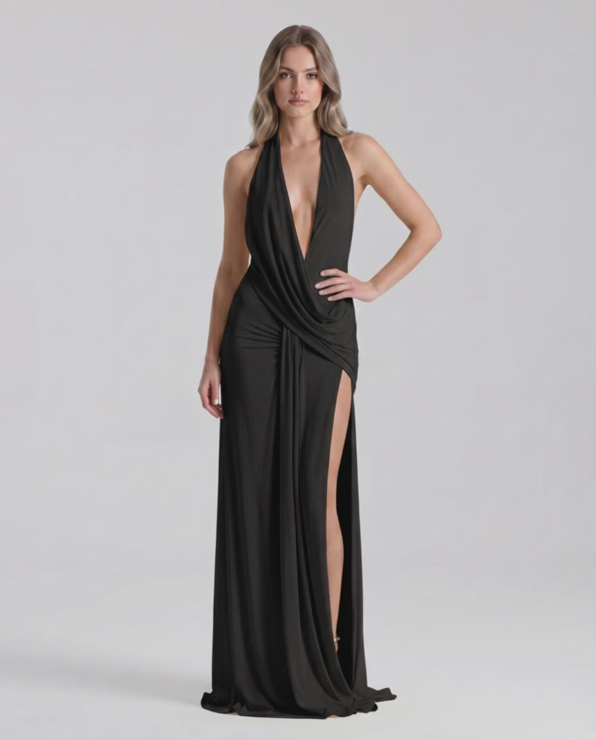 Solene Maxi Dress by Lauven — stretch jersey sleeveless deep v halter draped maxi dress