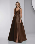 Sorrento Maxi Dress in brown satin, A-line V-neck, floor-length design by Lauven, perfect for evening elegance.