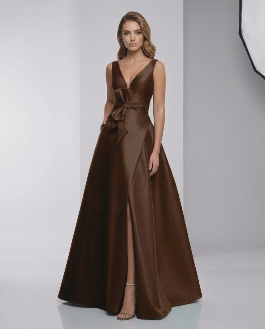 Sorrento Maxi Dress in brown satin, A-line V-neck, floor-length design by Lauven, perfect for evening elegance.