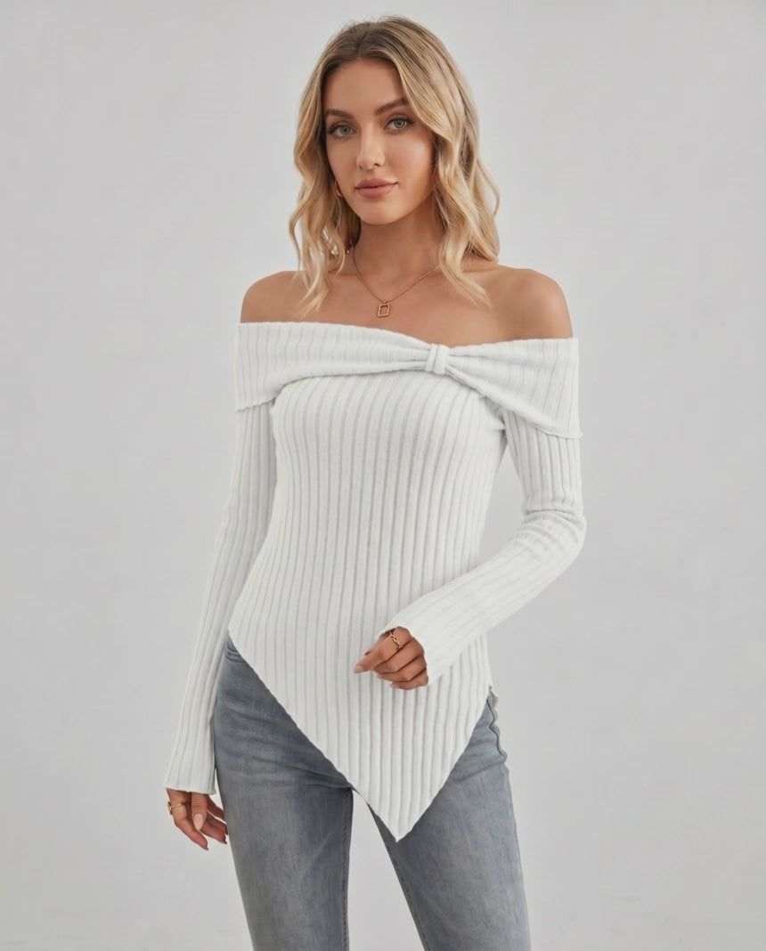Veloura Long Sleeve Top by Lauven — women’s ribbed off shoulder long sleeve top with asymmetrical hem