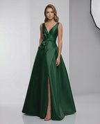 Emerald Maxi Dress - Satin A-Line V-Neck Evening Dress by Lauven, elegant and refined for special occasions.