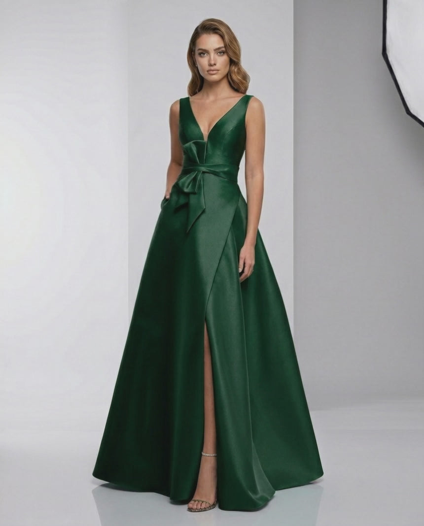 Emerald Maxi Dress - Satin A-Line V-Neck Evening Dress by Lauven, elegant and refined for special occasions.