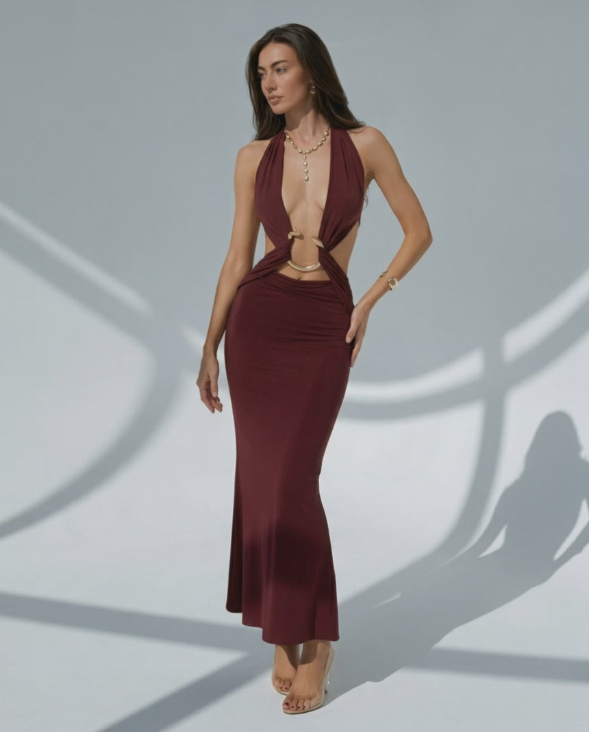 Celeste Maxi Dress stunning bodycon style with deep V-neck, burgundy color, adjustable waist by Lauven.
